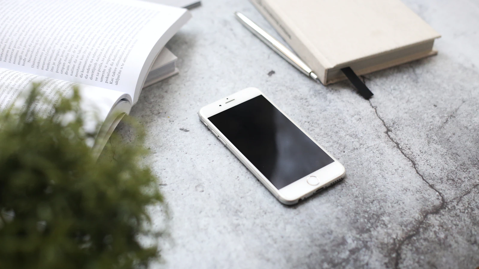 Beton zeminde yan yana duran açık bir kitap, kapalı krem rengi bir not defteri, kalem ve ekranı kapalı beyaz bir akıllı telefon